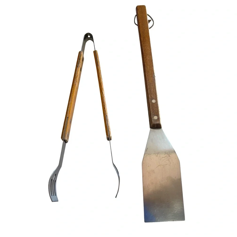 Weathered Professional Stainless Steel BBQ Spatula and Tongs with Wooden Handles